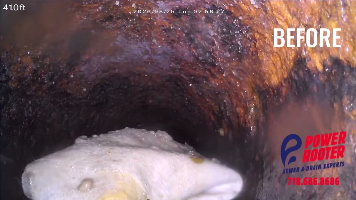 Sewer camera view of a pipe before cleaning, with the date and distance on screen