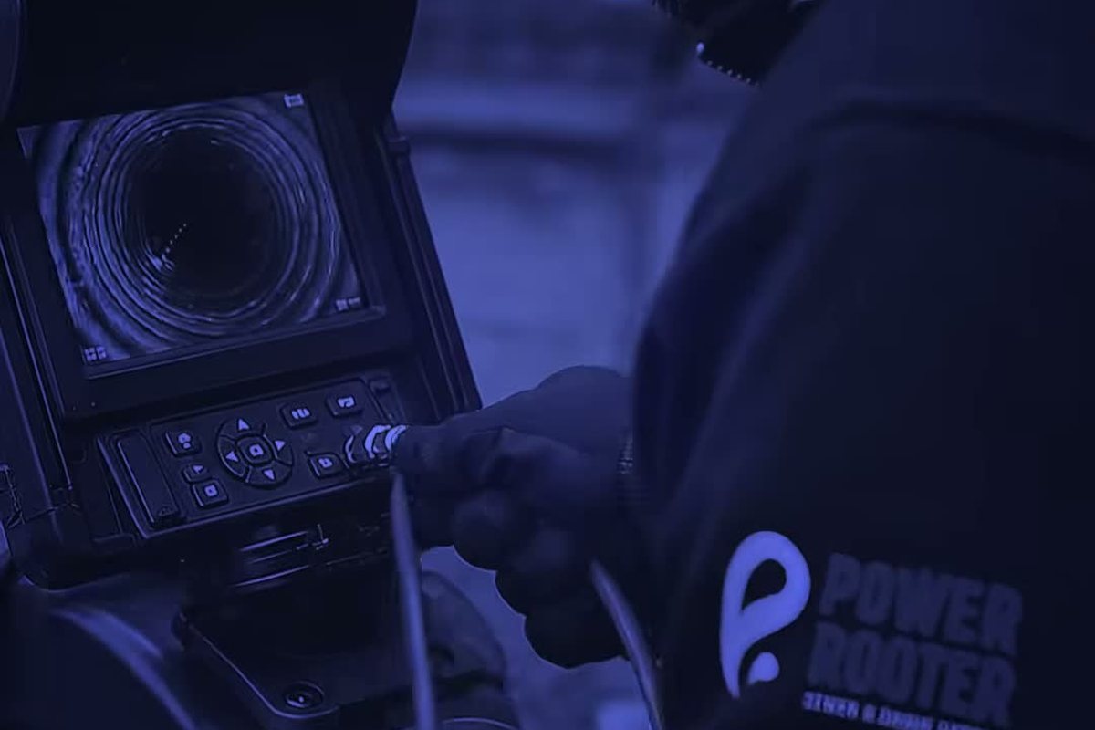 Technician holding a sewer camera control unit with the pipe on the screen